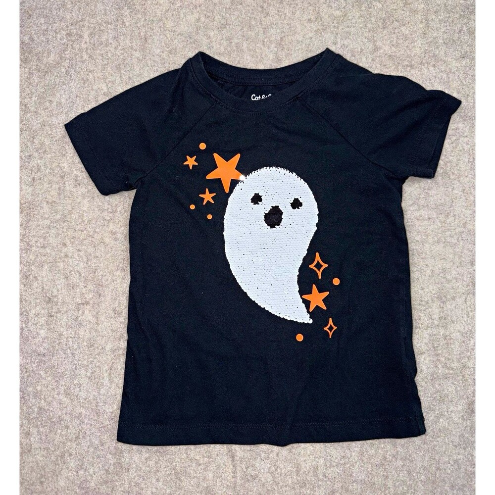 Cat & Jack XS 4/5 Black Reversible Sequin Ghost Halloween Crew Neck Tee